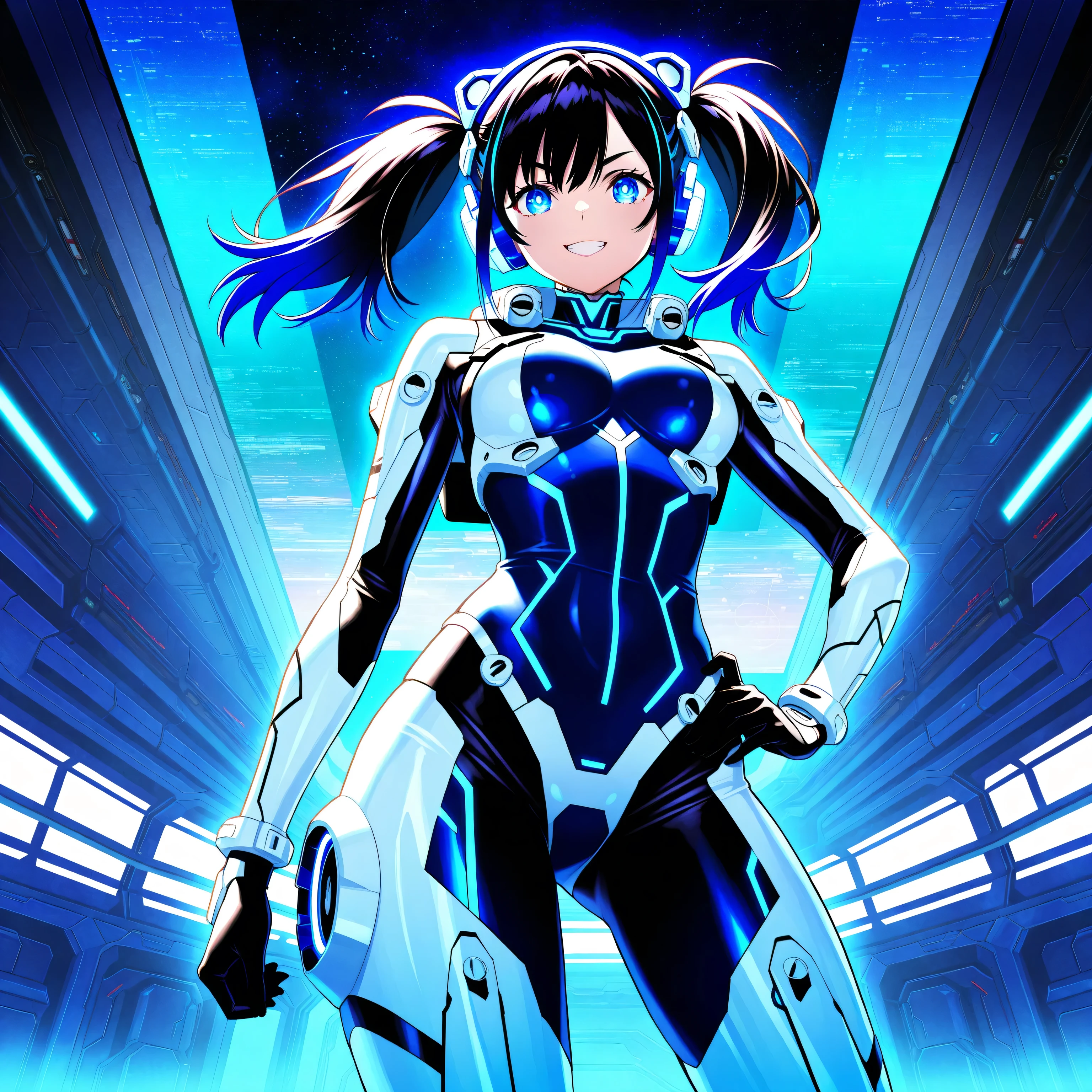 Machine eyes glowing red、((Looking away:1.6))、Grinning