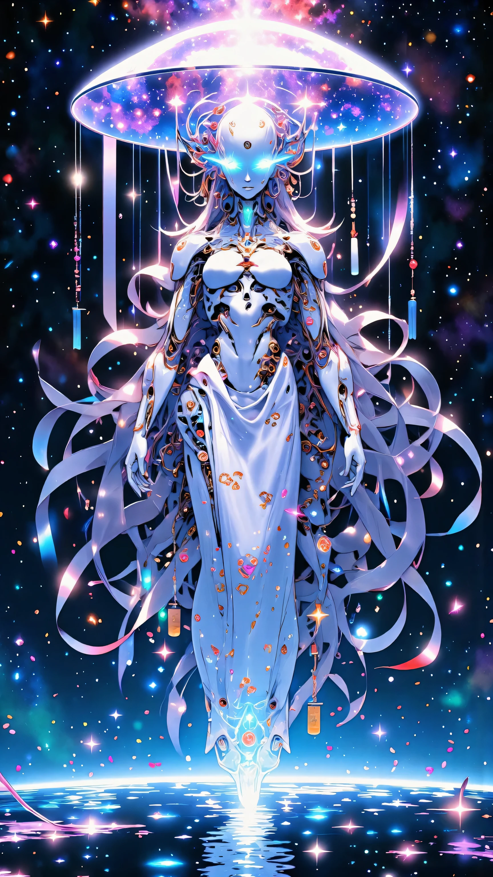A cute anime girl designed as a galactic jellyfish humanoid, with translucent, flowing tentacles forming a glowing umbrella-like jellyfish hat or halo above her head. Her skin has a subtle shimmer, semi-transparent in places, with bioluminescent patterns and glowing neon accents, especially on her limbs and torso. She has a petite body and small chest, wearing minimal clothing — sleek, iridescent ribbons and high-cut bodysuit with glowing outlines and sheer textures. Her knee-high socks have neon lining, and small digital circuit-like tattoos trace across her skin. The color palette includes deep cosmic purples, glowing aqua blues, and bursts of magenta, blending like a galaxy inside her jellyfish body. Her eyes are large, with starry reflections, and she floats slightly above the ground in an ethereal, zero-gravity pose. The background is a soft-focus galactic sea, filled with glowing particles and drifting stardust. Art style is detailed anime with cyberpunk and galactic fantasy influence, soft lighting, ultra-detailed, vibrant, 4K resolution, concept art style.