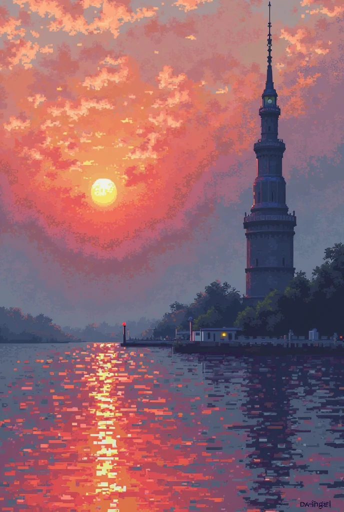 ::style a (8bit pixel art:1.2) A large mosque on the banks of a river, and a dazzling sunrise, and there is a phrase written in the sky carried by birds, and it is “a blessed day.”, the resolution is 4K, top quality,, isometric, red and purple, retro, (8-bits), (8bits), pixels, big pixels, low resolution ::n_style photo, realistic, high resolution