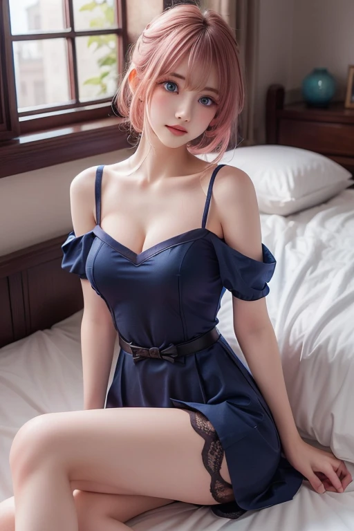 1girl,((beautiful face)), lace camisole dress, messy bob hair, blue eyes, hair over one eye, hair ornament, pink hair ribbon, upper body, standing, indoors, living room, sofa, tables, window, (NSFW:1.05)