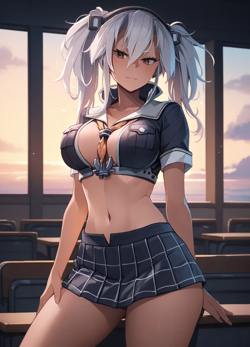 girl, masterpiece, Highest quality, ultra detailed, CG unity 8k, Cinema Lighting, Lens flare, ultra detailed eyes, sexy, big breast, young adult, dark skin, finely red eyes, wild long hair, silver hair color, , short sleeve suit ,white shirts, , sailor suit, mini skirt, straight skirt, (Handstanding:1.2) , night, city streets, scars, blushing, ( evil smile;1.3), evil grin, (sharp eye:1.2),(scowl:1.1), (stare at viewer:1.5), looking down, (embarrassed,blush:1.3), ,nsfw,(ecstasy:1.3) ,(slut:1.2),(vulgarity:1.3),(fucked silly:1.1),(wet:0.8),(drooling:0.6),(sweat:0.8), from below, glistening skin, underboob, abs, tanned skin, smug face, audience,