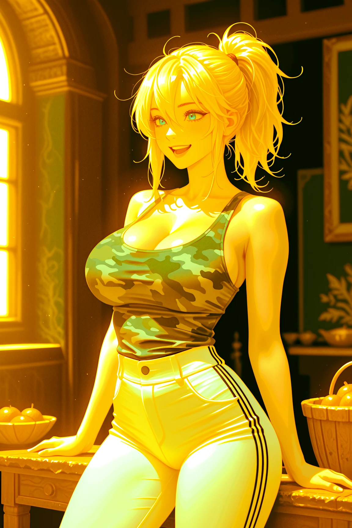 cute young girl, 1girl, 20 years old, petit, skinny, long blonde hair, braids, beautiful detailed big eyes, eyelashes beautiful detailed smile, busty, huge breasts, yellow tank top, jean shorts, photorealistic, 8k, highres, masterpiece, hyper detailed, cinematic lighting, vibrant colors, realistic skin texture