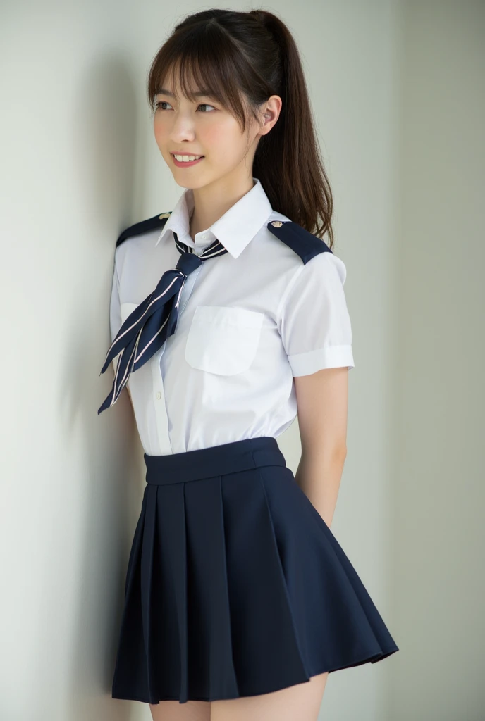 highest quality、8K、Super detailed, arafed woman In uniform posing on a wall near the water, wearing uniform, wearing a uniform, Full uniform, uniformを着用する, In uniform女の子, in uniform, JK Uniform, uniform, Full Dress Uniform, uniformを着て, Blue Uniform, In uniform, Perfect military calm, Wear a general\Uniform,(Skirt flip、I can see her little yellow panties:1.3),Real Photo:1.6、