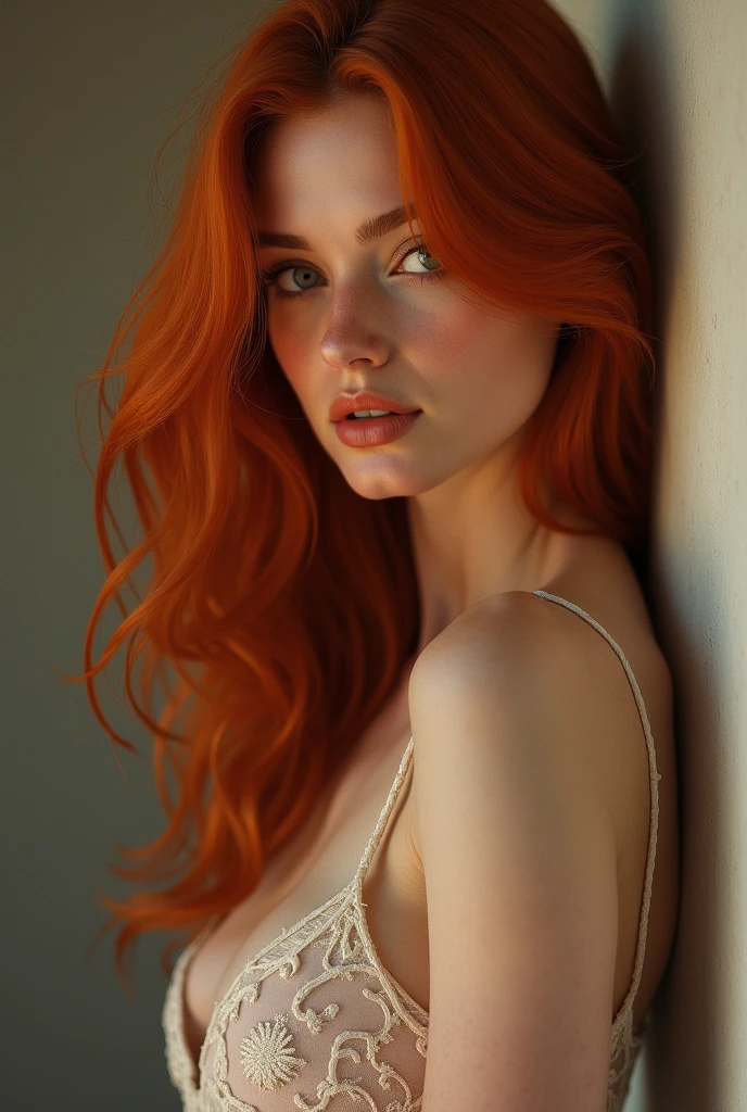 A red-haired woman without a bra