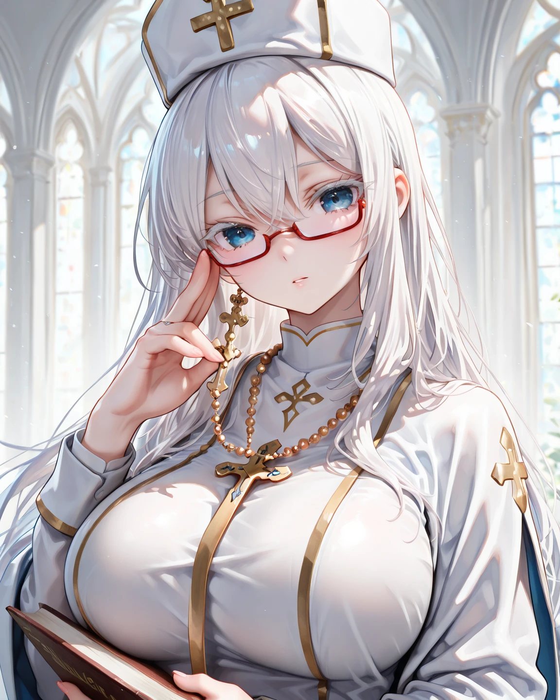 glasses, naked, no bra no clothes, cleavage, hijabi, Absurd, ultra-detailed, high quality, masterpiece, detailed face, beautiful eyes(detailed eyes), Greek mythology Goddess, Hestia, goddess of the hearth and home, gentle and graceful, face exudes warmth and kindness, eyes described as soft and comforting, gentle and steady gaze, overall appearance is simple and modest, The fabric of her garments is usually depicted as soft and earth-toned, beauty lies not in extravagant adornments, Her smile is serene and welcoming