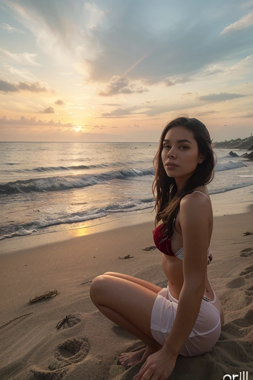 1girl in, 30 years old, Square face, Long hair, Looking at viewer, jewelry, Reality, Sexy, student clothes ,Background of rocky beach on the beach , resting position
