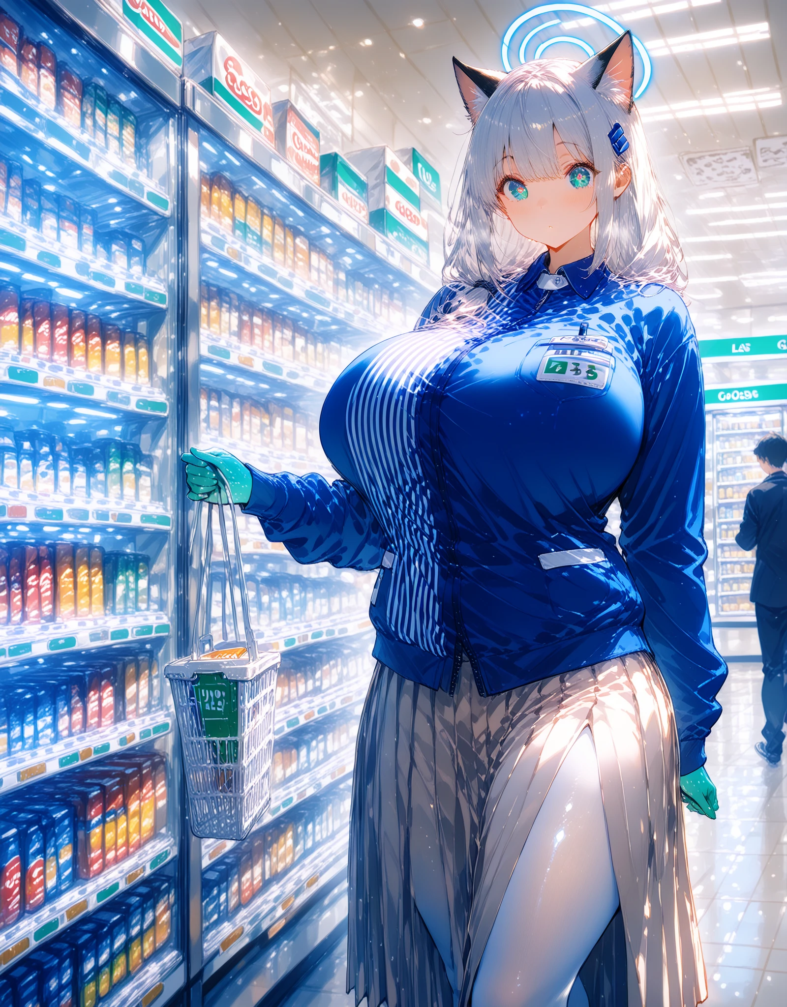 Hucow girl holding a big milk carton, masterpiece, candid photo, shy, short green hair, big eyes, (detailed face), curvy, enormous breasts, two symmetrical horns, white (tight shirt), crop top, cute open (cow pattern) jacket, choker with bell, (in a colorful supermarket), mature female, thick thighs, earrings, high detail, ultra-detailed, retro, [big lips]