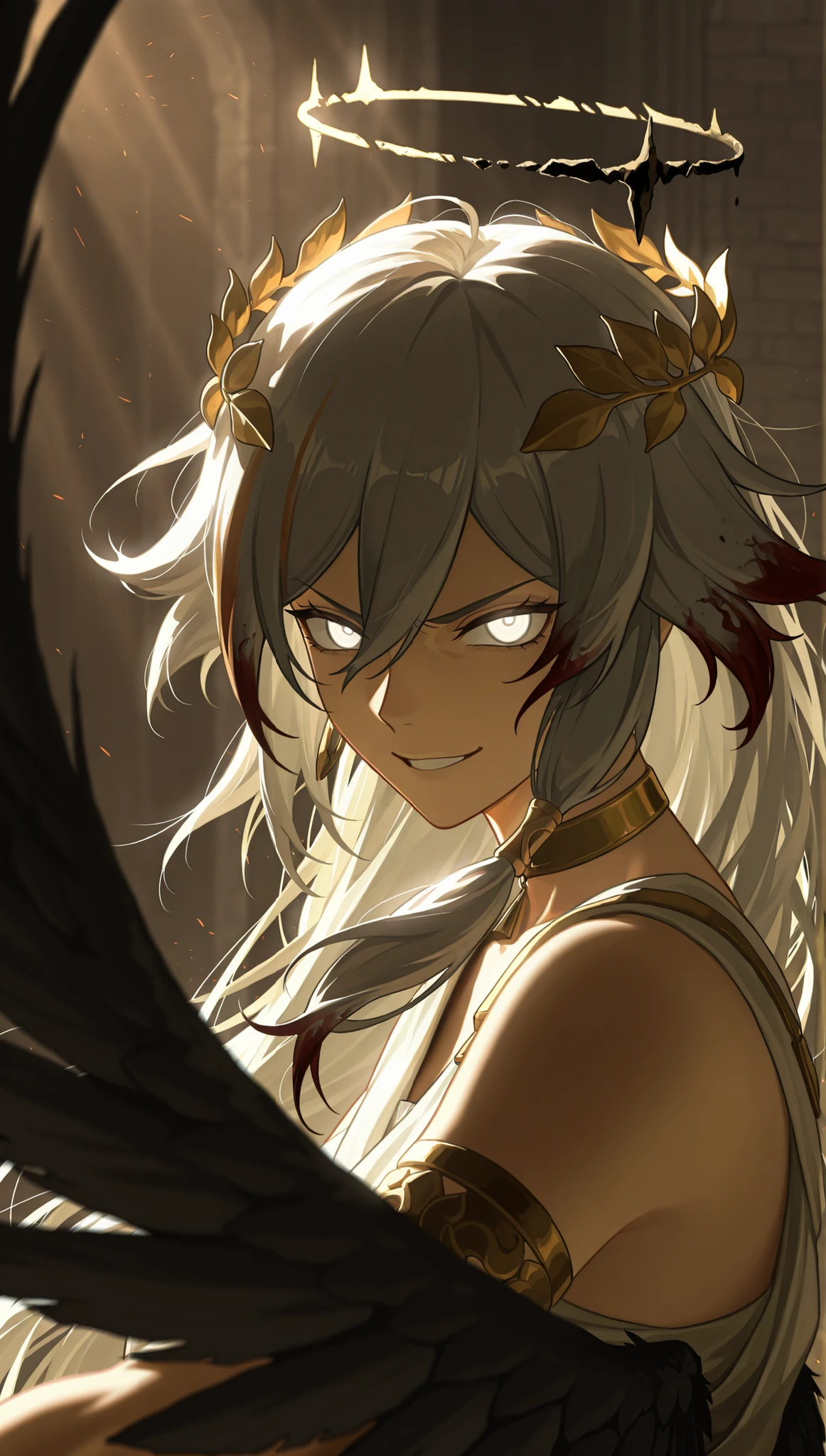 in the style of [arknights|(748cmstyle:0.5)], god rays, darkness, dark souls, dramatic lighting,cinematic shot,mature, adult, adult woman, masterpiece, best quality, amazing quality, very aesthetic, high resolution, ultra-detailed, backlighting, backlit, dramatic, absurdres, scenery,
1girl, solo, upper body focus, portrait, side shot, angled shot, (attack move, dynamic pose, action shot:1.4), glowing eyes, HoSenti, fu hua, toga, gray hair, long hair, white hair, multicolored hair, white eyes, ring eyes, broken halo, greco-roman clothes, ancient greek clothes, gold choker, laurel crown, white clothes, golden trim, single wing, black wing, serious expression, anger, disgust, tsurime, (messy hair, bloody hair:1.3), evil grin, evil smirk,

 