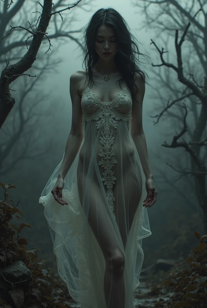 beautiful woman, fashion model, wearing provocative, sexy, beautiful, detailed fashion design clothes, looking at the sky with her hands and feet apart, inside a dark forest, with burned trees all over hair, and volumetric light coming from behind, perfect face and body, gloomy scary atmosphere, fog in the ground, dark style, hyper-realistic, 8K, black and white image with only colored red lips, full body, far view,