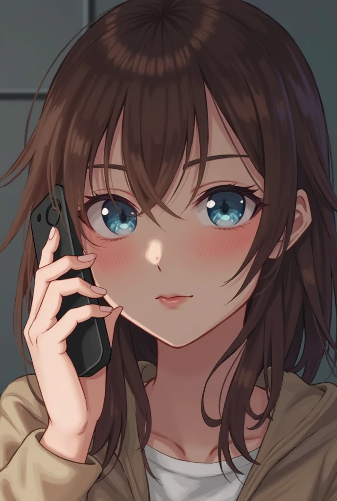 ((Masterpiece, Best quality, A high resolution, hyper HD, Perfect pixels, Depth of field, 4K, RTX, hdr))), 1girll, Single, Solo, Beautiful anime girl, Beautiful Art Style, anime figure, ((Long hair, bangs, Brown hair, Curly hair:0.8)), ((Green eyes:1.4, Rounded eyes, Beautiful eyelashes, Realistic eyes)), ((Detailed face, Blushing:1.2)), ((Smooth texture:0.75, Realistic texture:0.65, Photorealistic:1.1, Anime CG style,(holding cell phone,looks into camera,A puzzled look appeared on his face:1.5)
(closeup of face:1.8)
(Exquisite makeup,high school school uniforms:1.9)
(A very puzzled expression appeared on his face,looks into camera,The mouth is slightly open:1.8)
(A masterpiece、tmasterpiece:1.5)