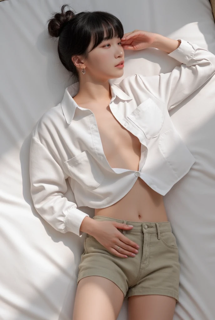 (Small lower chest,Tomboyish,small heads)),  (perfect bodies: 1.1), (short-length straight short hair:0.9),attractive collarbone，（极其细致的CG 8k壁纸），（Extremely refined and beautiful），（masterpiece），（best qualtiy:1.9），（超高分辨率:1.9），upper body，[A high resolution]，cheerfulness，Smile，Smooth and flawless fair skin,ultra - detailed,Elongated legs，（Small breasts:1.1),Flat chest,Slim,emaciated,No bra,After bath,(white t-shirt:1.5),(white skirt:1.5),At home, in dinning room,Close shot,nightfall,Warm Candlelight,a dinning table,(candle and Several dishes on the table:1.3),(Lying flat on back on the dining table:1.4),Top down overhead camera perspective,cowboy shot