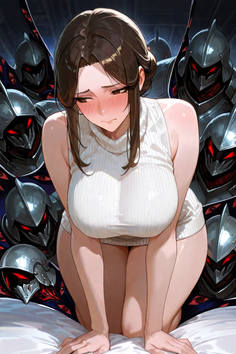 18-year-old girl，Baby Face，Crimson short-haired，ponytail hairstyle，Smile，Huge breasts，cleavage，Sheer red sleeveless top，Leave space in the middle to reveal cleavage，Soaked all over，Blushing，Red eyes，Female spy，Red miniskirt，White gloves，White hand sleeves，White boots，Science fiction，Future，Inside the mecha combat robot warehouse，robot driver，Pistol hanging on waist，No bangs