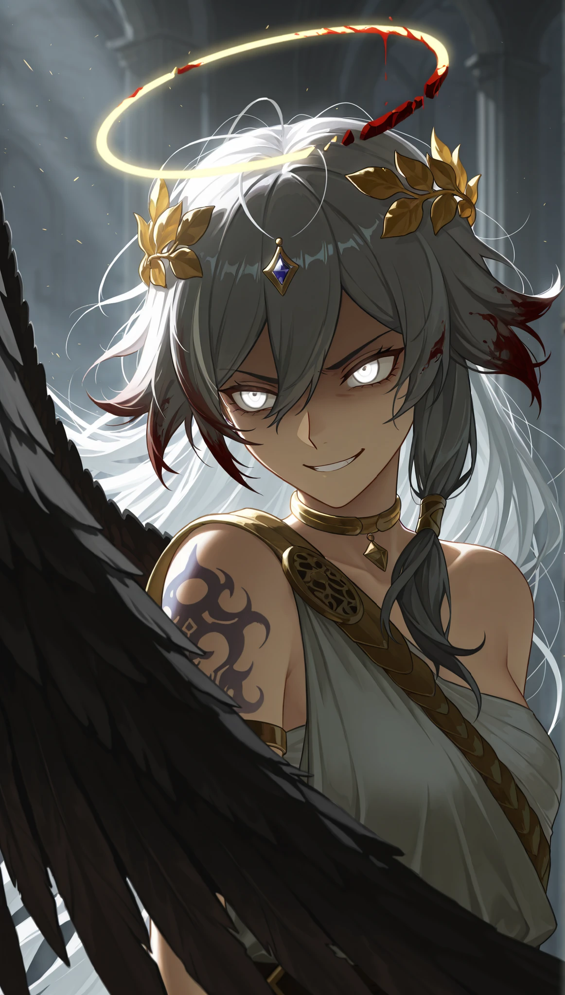 in the style of [arknights|(748cmstyle:0.5)], god rays, darkness, dark souls, dramatic lighting,cinematic shot,mature, adult, adult woman, masterpiece, best quality, amazing quality, very aesthetic, high resolution, ultra-detailed, backlighting, backlit, dramatic, absurdres, scenery,
1girl, solo, upper body focus, portrait, side shot, angled shot, (attack move, dynamic pose, action shot:1.4), glowing eyes, HoSenti, fu hua, toga, gray hair, long hair, white hair, multicolored hair, white eyes, ring eyes, broken halo, greco-roman clothes, ancient greek clothes, gold choker, laurel crown, white clothes, purple tattoo, glowing tattoos, golden trim, single wing, black wing, serious expression, anger, disgust, tsurime, (messy hair, bloody hair:1.3), evil grin, evil smirk,

 
