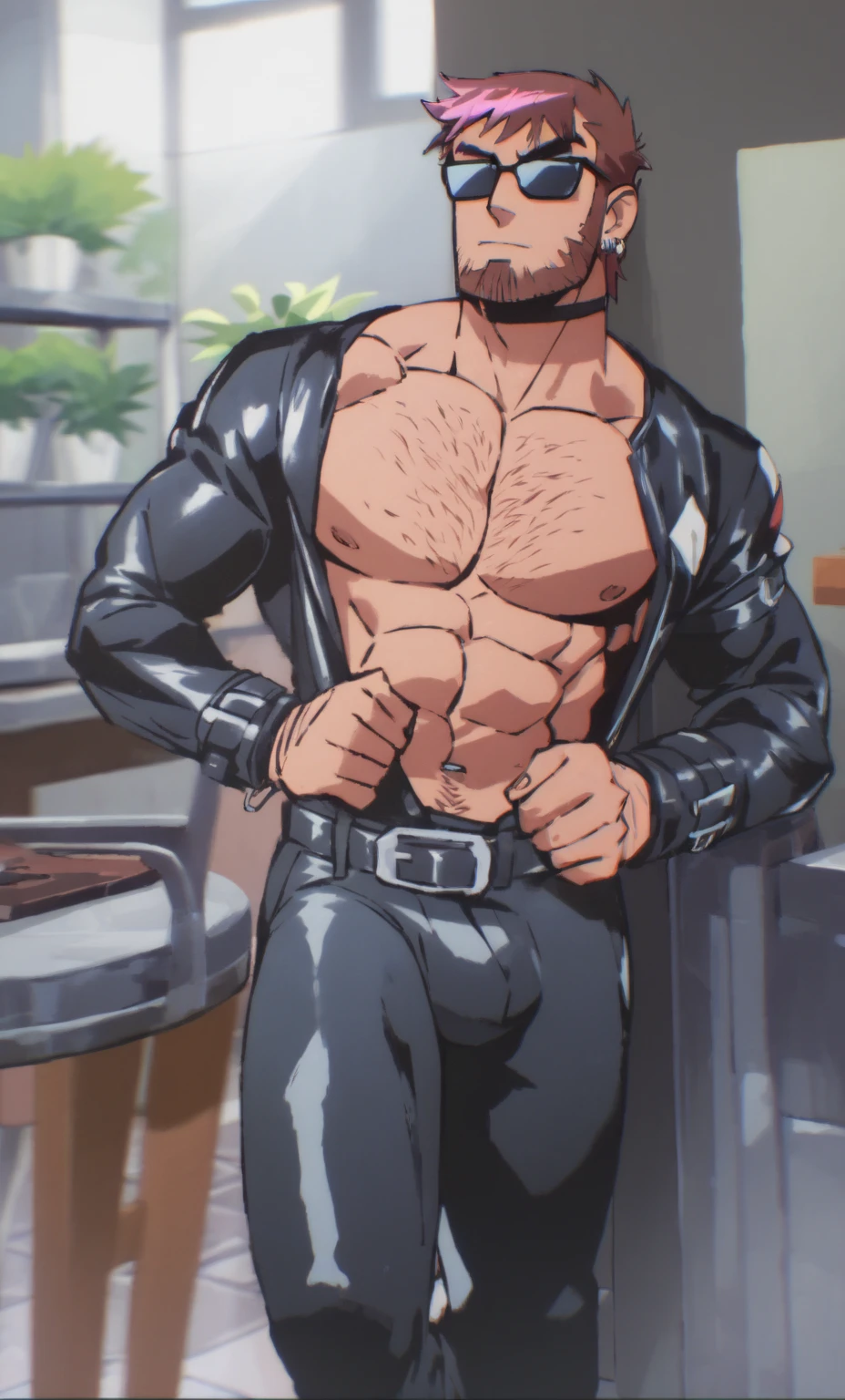 (masterpiece, Highest quality),juvenileの全身,(juvenile),teenager face,body tilt,Delicate large eyes,Open your eyes,,Smooth and delicate skin,Short, square face,Surprised expression,childhood,young age,Short round face,flat jaw,Detailed painted face,Muscular,short hair of bright black,Complex,naked,(spine:1.2),the night,Bright colors,(Depth of written boundary:1.2),Raised to be sexy, Restrained arms,Leather Collar, Bedroom, BDSM, String, shy, blush, Round Glasses, night,Huge muscles,Huge penis