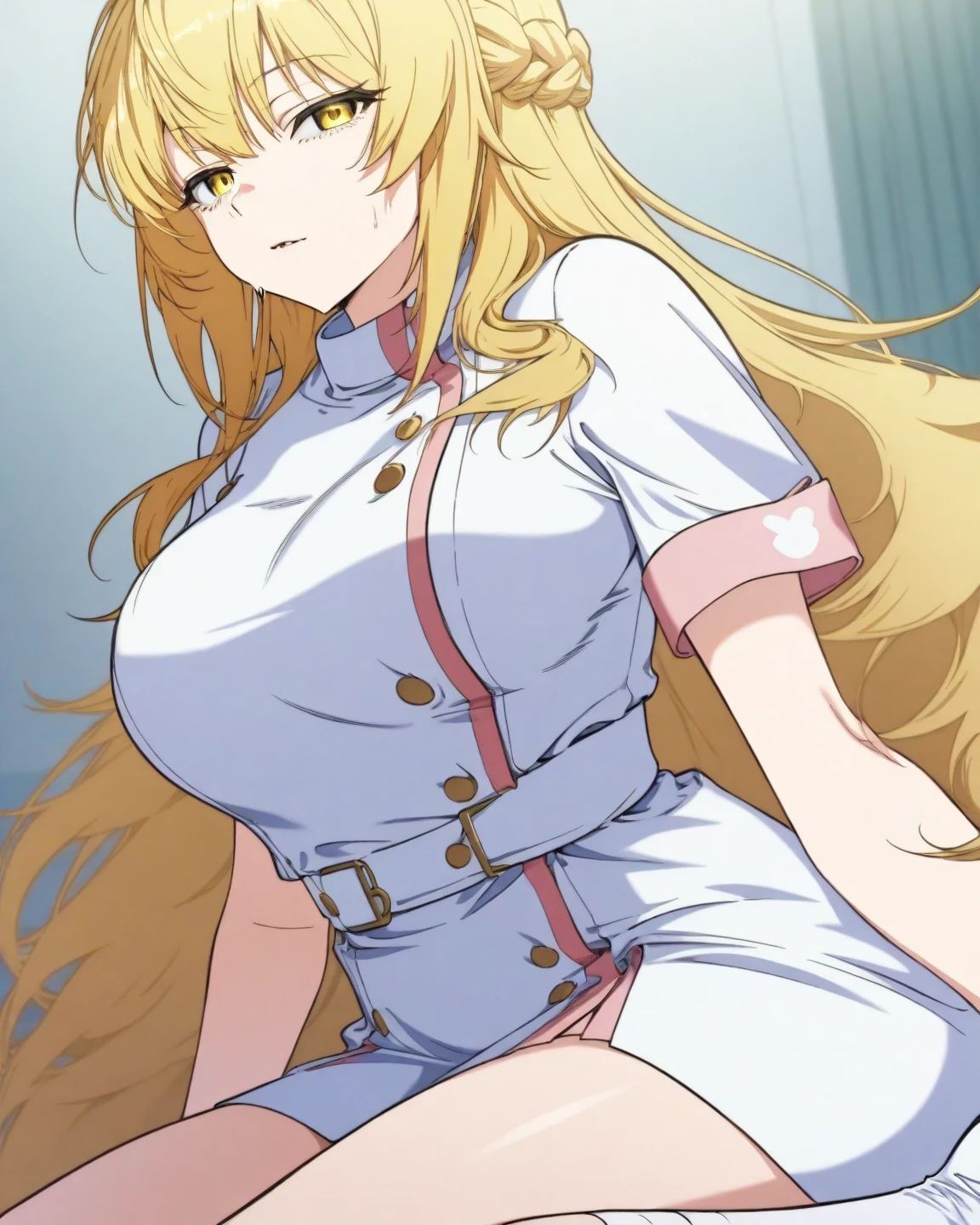 Darkness\(KonoSuba\), female knight、Crusades、Perverted masochist、delusional、There is no hail、Blonde ponytail、❌hair ornaments、Yellow and white attire、blush