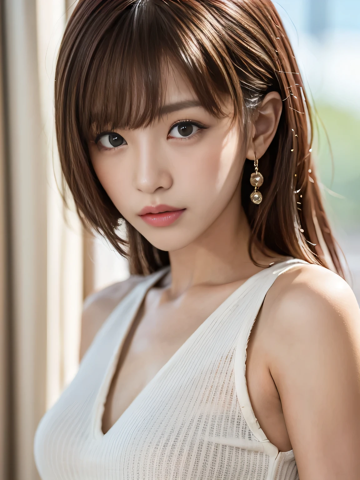 Highest quality、High resolution、8k wallpaper、Dense and beautiful eye-glue hair、(Beautiful breasts:1.3)、Natural color lip、25歳のwoman、woman、Brown Hair、A strange look、Tilt your head、Semi-long hair、Hair tied up、Wearing a necklace and earrings、Frilly black blouse、work、Short sleeves、indoor、IT industry、Large office、Receptionist