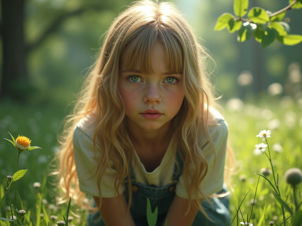 teen, droopy green eyes, arched eyebrows, straight medium blonde hair, pale, skinny, outdoors realistic