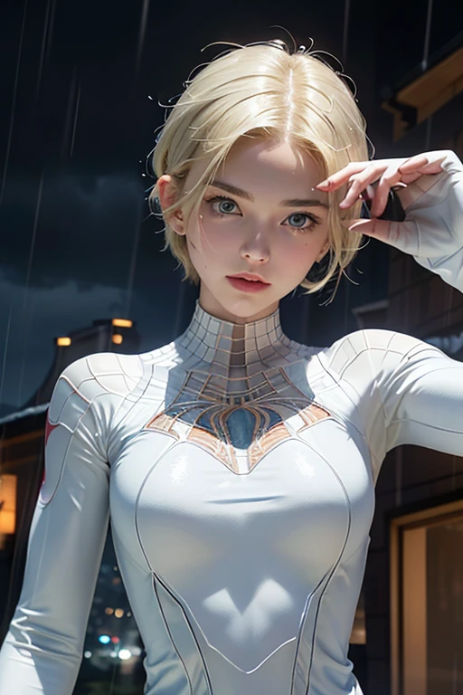 (1girl:1.3), solo, (((extremely detailed face))),(((extremely detailed eyes and face))),blonde, short hair, one side shaved hair, beautiful detailed blue eyes,body-parts__, official art, 8k unified wallpaper, super detailed, night, beautiful and aesthetic, beautiful, masterpiece, best quality, raw, masterpiece, super thin photo, best quality, super high resolution, photorealistic realism, sunlight, full body portrait, amazing beauty,,dynamic pose, delicate face, vibrant eyes,(from the front), she is wearing Spider Gwen uniform, tight clothing, with lots of details, white and pink color scheme, spider, very detailed NYC background, detailed face, detailed complex busy background, messy, gorgeous, highly detailed skin, realistic skin details, visible pores, sharp focus, volumetric mist, 8k uhd, DSLR, high quality, film grain, light skin, photographic realism, lomography, huge metropolis in future dystopia, seen from below, translucent
