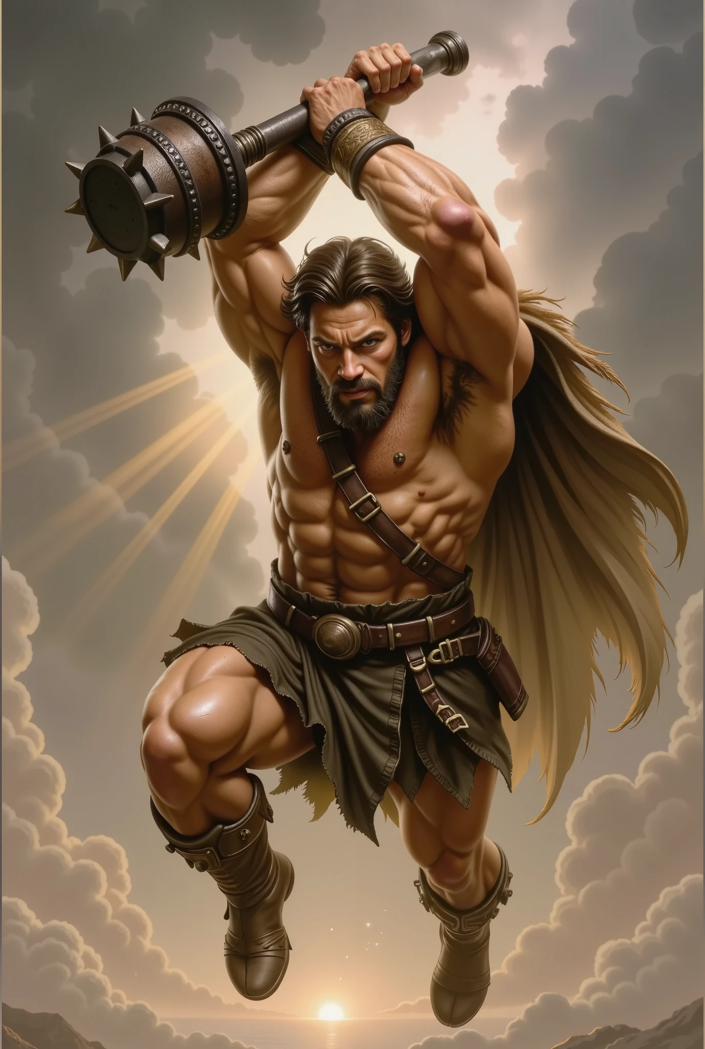 Movie scene, realistic. Hercules leaps, attacking from above. Wielding his club, he launches a brutal attack. Realism, epic, mythical. Lion skin cloak.