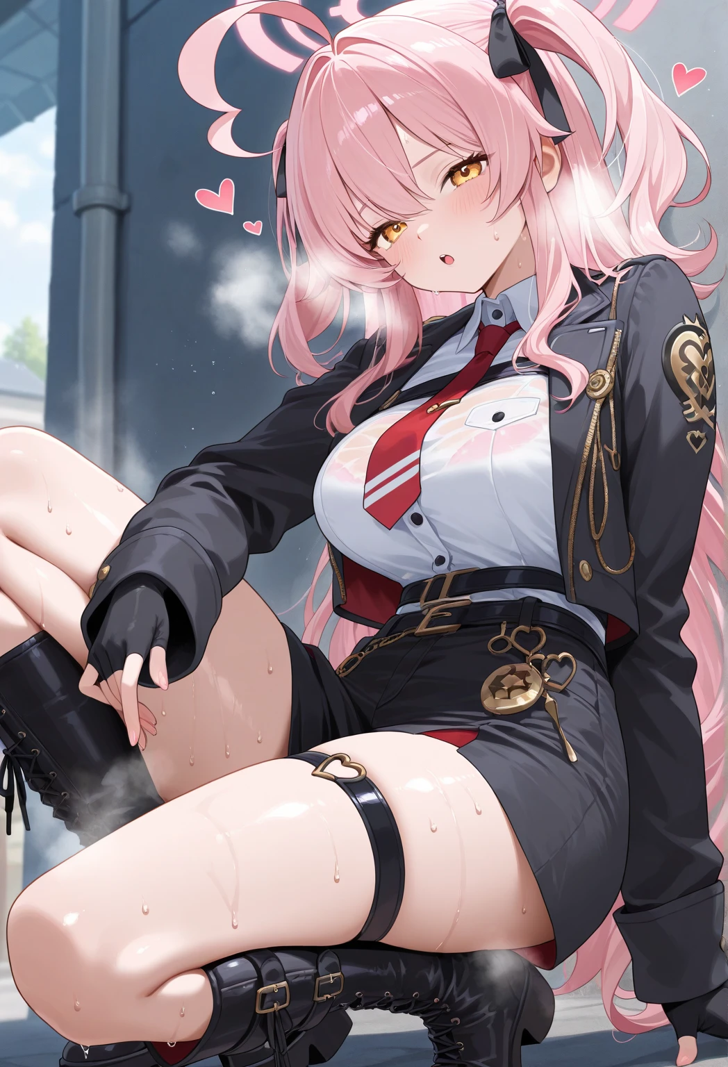Anime girl with pink hair and black stockings lying on bed, Seductive Anime Girl, Fine details. girls' frontline, a hyperrealistic schoolgirl, a hyperrealistic schoolgirl, from girls frontline, soft anime illustration, Realistic Schoolgirl, Smooth Anime CG Art, clean detailed anime art, girls frontline cg, the anime girl is crouching, girls frontline style, Detailed Digital Anime Art　Fume、Lack of strength in the eyes、Do not draw contours、Pale watercolor、