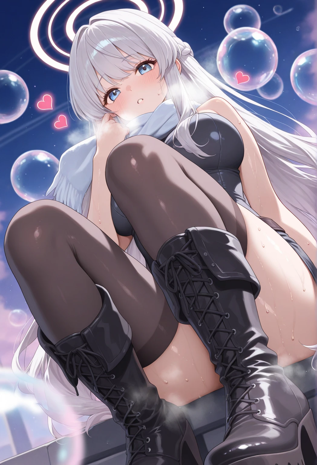 Little beautiful girl,, naked,Cat ear,Long white hair,Light blue eyes,cute, young, small limbs, short fingers, Large Breasts, Big ribbon, Thin and light clothing, White leotard, Her nipples are visible through the fabric, Sheer white lace tights, Thin, sheer white tights,Smooth Skin,lift the perineum,(Spread your legs),(The hand details are perfect too.),(Wet),Squat,Wet,Vulgarity, leaking,There is a lot of all over the body.,White long gloves,No shoes,Ahegao,Open your mouth wide,tongue out are there,saliva,