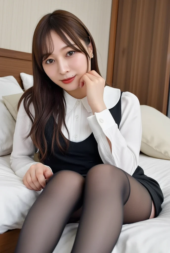 (((8k、High resolution、Highest quality、High resolution)))alone、Natural body shape、White skin、Natural Makeup、((Black Hair、bangs、Straight Long Hair))、(((At the bed, Grin)))、、(:1.4)、(())、(((((Full body photo)))))、(((Looking into the camera)))、(((Wear a uniform on the upper body)))、Bedroom、(((Of high school))) 、((white collared long sleeve blouse))、(())、((Pleated skirt with dark blue plaid pattern、mini skirt、Ultra-realistic pantyhose))、、、Expressionless、((Exposing your thighs)), Beautiful mature woman