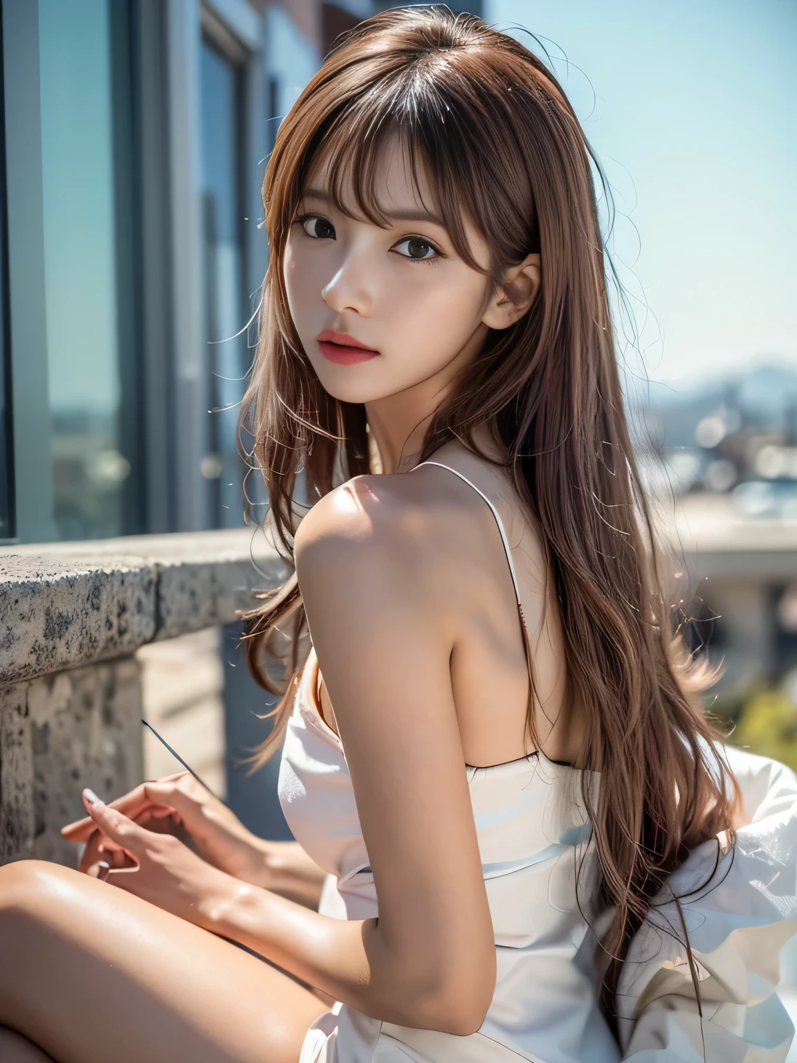 (masterpiece:1.3), High resolution, super detailed, Highly detailed CG Unity 8k wallpaper, realistic, photo-realistic, RAW photo, beautiful and detailed face, white skin, realistic glistening skin, fine cloth texture, detailed hair texture, perfect body, beautiful face, Accurate, anatomically correct, Highly detailed face and skin texture, natural neck length, (beautiful hands), Fair skin, 
break, 
fine eyes, symmetrical eyes, light brown eyes, double eyelid, thin eyebrows, (sexy lips:1.3), (glossy lips:1.4), 
break, 
(classy and cute girl:1.3), ((She is wearing a sleeveless turtleneck white knit dress.:1.3)), (firm chest, well-shaped chest, slender body shape:1.1), strong abdominal muscles, (very seductive face:1.2), (blonde hair, multi-colored inner hair), ((flowing bangs:1.2)), 
break, 
(Sits on a bar chair by the counter in a seductive pose in a stylish bar at night:1.2), (cowboy shot:1.2), 視聴者をFrom the side見る, From the side:0.65,