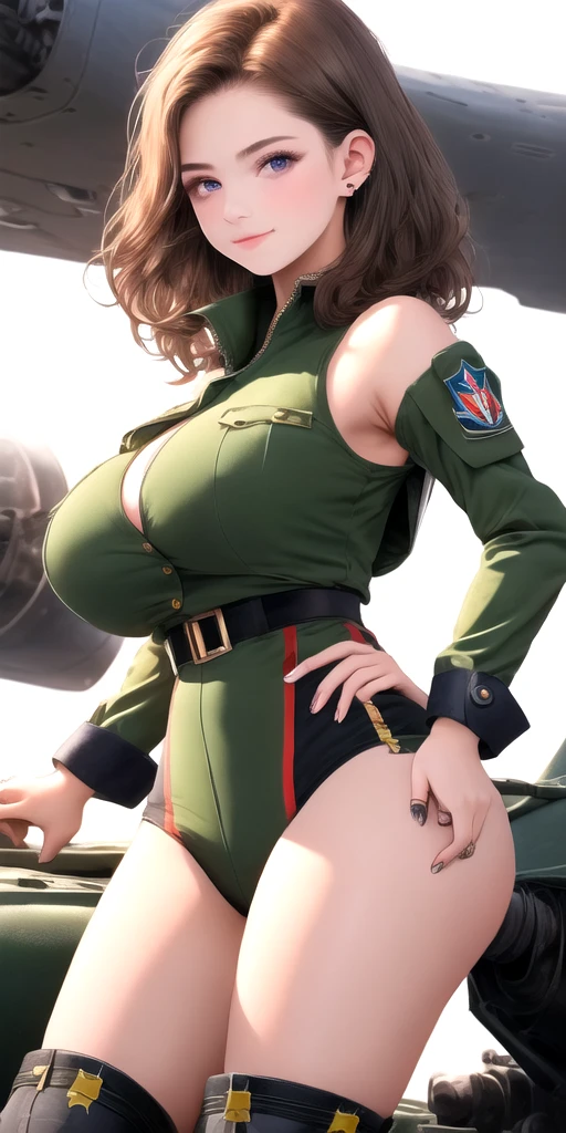 Valentina Nappi milf army aviator, slim thicc, in rexy position, sonriendo, con gorro de aviador, piel rosa con pecas, pintura militar en rostro, cabello ondulado color negro, labios grandes y rojos, curvy athletic build, abdomen marcado, cintura delgada, caderas muy anchas, muslos gordos, bragas elevadas color verde militar, camel toe, brown military aviator jacket, calcetas elevadas rotas, botas militares, en escenario de hangar de aviones
