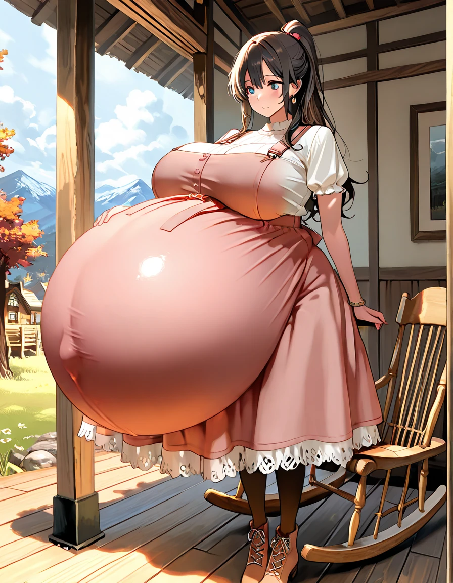 (anime ,2D) Women, average height ,clear skin,thin face ,blue eyes,black hair , waist length ,fringe,Skinny body,big breasts,small waist,a greek dress,Pregnant, on a pirate ship,