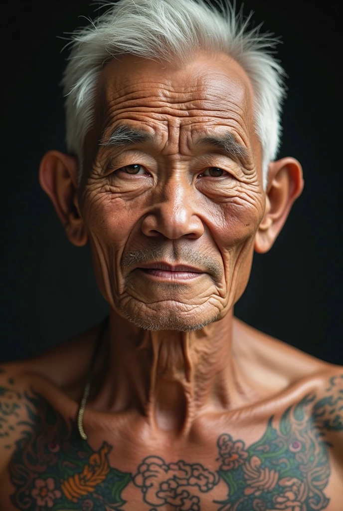 Close-up of a handsome old man, muscular, tattooed, wearing a necklace, hair tied up, street background, gangster style, romantic, Hong Kong cinema. Cinematic lighting, high detail, 8k, artstation, conceptual art, dark fantasy. Photo taken with Canon EOS R5 85mm f/11 camera, ((sharp)) mode of the person and surrounding scenery. Image quality ((8K)), ((realistic)), ((masterpiece)), ((sharpest and highest contrast)), ((excellent depth of field)), ((stereoscopic lighting)). ((bright, bright smile)), detailed pores, ((Direct light on the face)), bright sunlight.