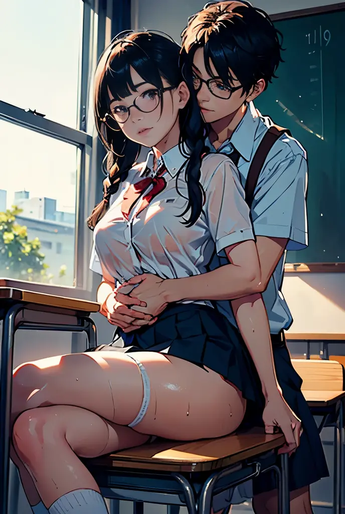 NSFW, (((photographrealistic))), (Shiny skin), (nffsw, in 8K,Wallpaper, High resolution), Perfect Anatomy, Cinematic lighting, Physically-based rendering, Award-winning, highlydetailed skin, extra detailed face, Eyes with beautiful details, Carl Zeiss 85mm F/1.4, (1 man and 1 girl, a couple:1.5), Cute 16 year old Japan schoolgirl, sitting in the chair, (Black hair, Brown eyes, Round face), middlebreasts, Wet school blouse with ribbon, Navy Pleated Skirt Lift, Navy High Socks,Spread legs, Thigh Focus, In the classroom, Blue Hour, (One man is a student, A student is hugging a girl from behind:1.5), student clothes, (Student touching girl's panties:1.5), [Full body shot], Shot from below,Braids、eye glasses
