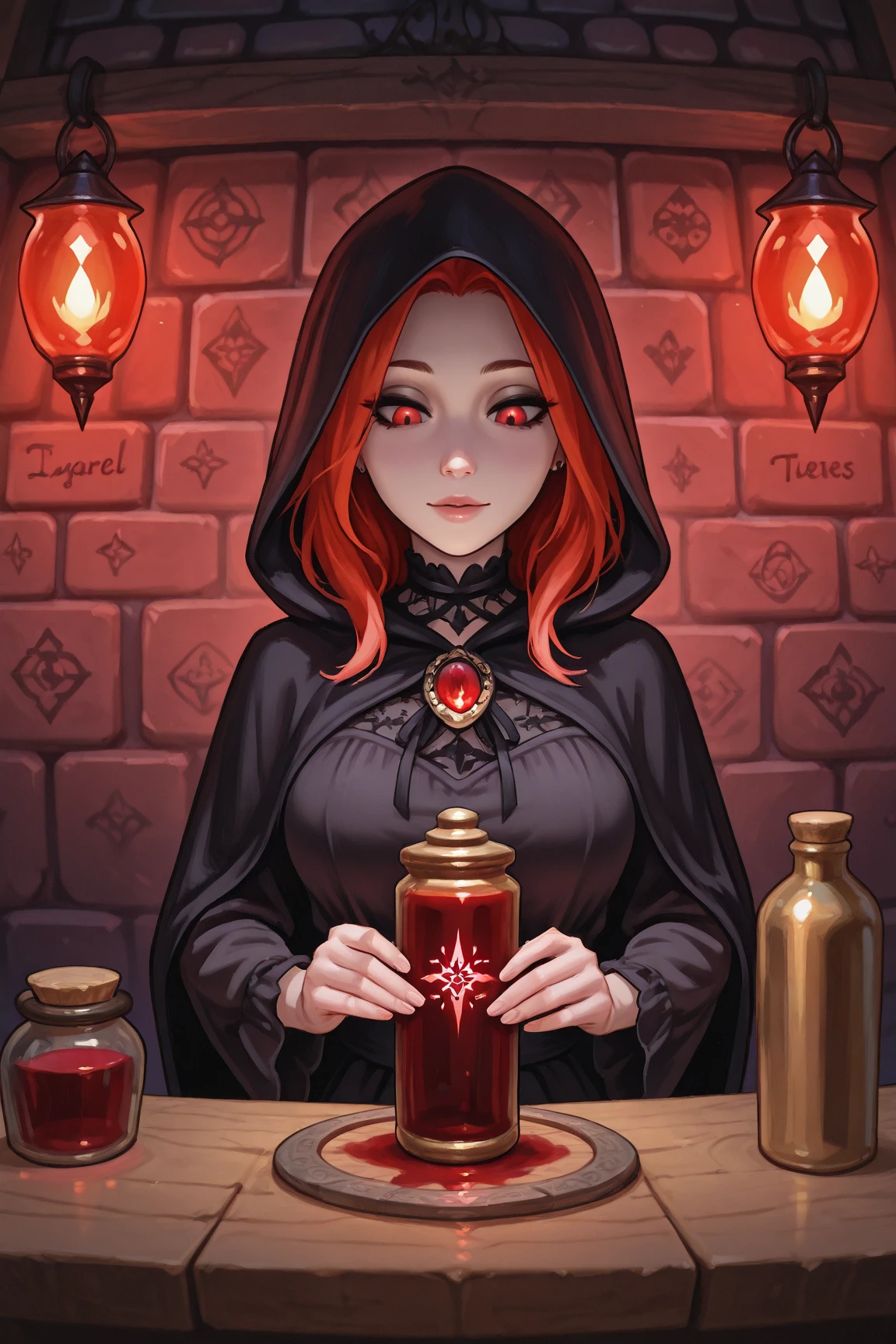 By Alan Paterson inspired girl big tits Boruto + Sarada delicada atrevida Elvgrin, and Jorge Jimenez. black vestido curto fino de alcinha Portrait front view of a girl standing in a mystical marketplace, with red neon  hair in a flowing ponytail, in a dynamic pose, she is holding a glass of bubbling potion out to the viewer, in the background are busy vendors, and magical light and smoke from the various market stalls. trending on artstation, sharp focus, studio photo, intricate details, highly detailed, 