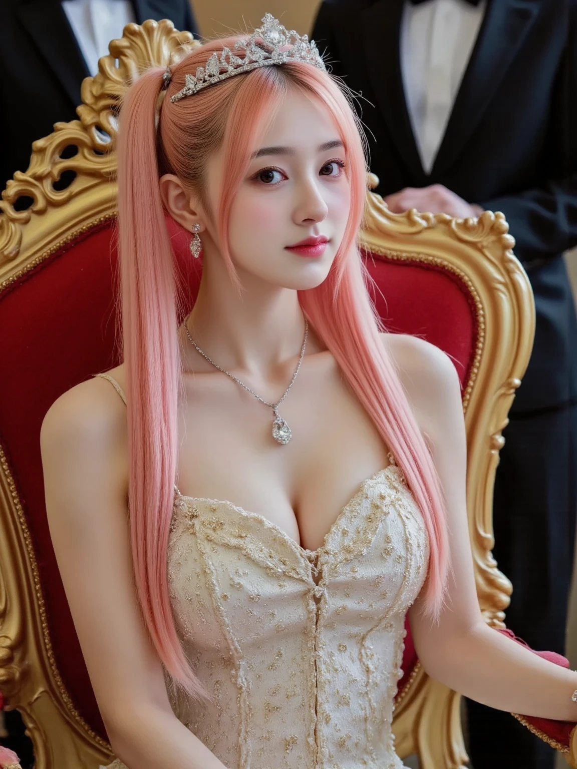 Western Goddess、Deities々Right、western goddess attire、optic、western lace clothing、western thin clothes、western white clothes、Pink hair、western mythology、western gold fine decoration、angelicales、Smaller chest、teats、chies、background is church、a throne、Skysky、Exposed nipples、Vaginal bare、Thin eyebrows、Thin eyebrows、tits out、The areol