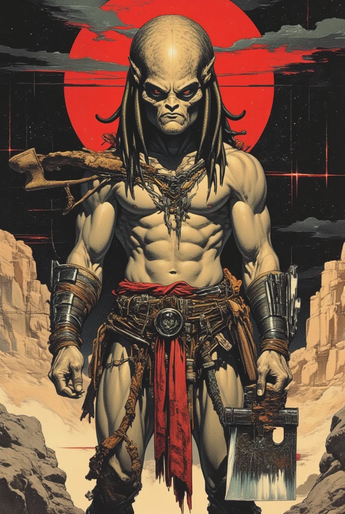 Space mutant, one character, barbarian mutant, chrome skull face, battle ax in hands, full body, nude body, muscular body, loincloth, space background, dark fantasy, Luis Royo style, Science fiction, 80s, 16-bit game, VHS era, planet in space background, purple lightning, psychedelic color background, smog, fog, swamp, man in swamp, alien forest