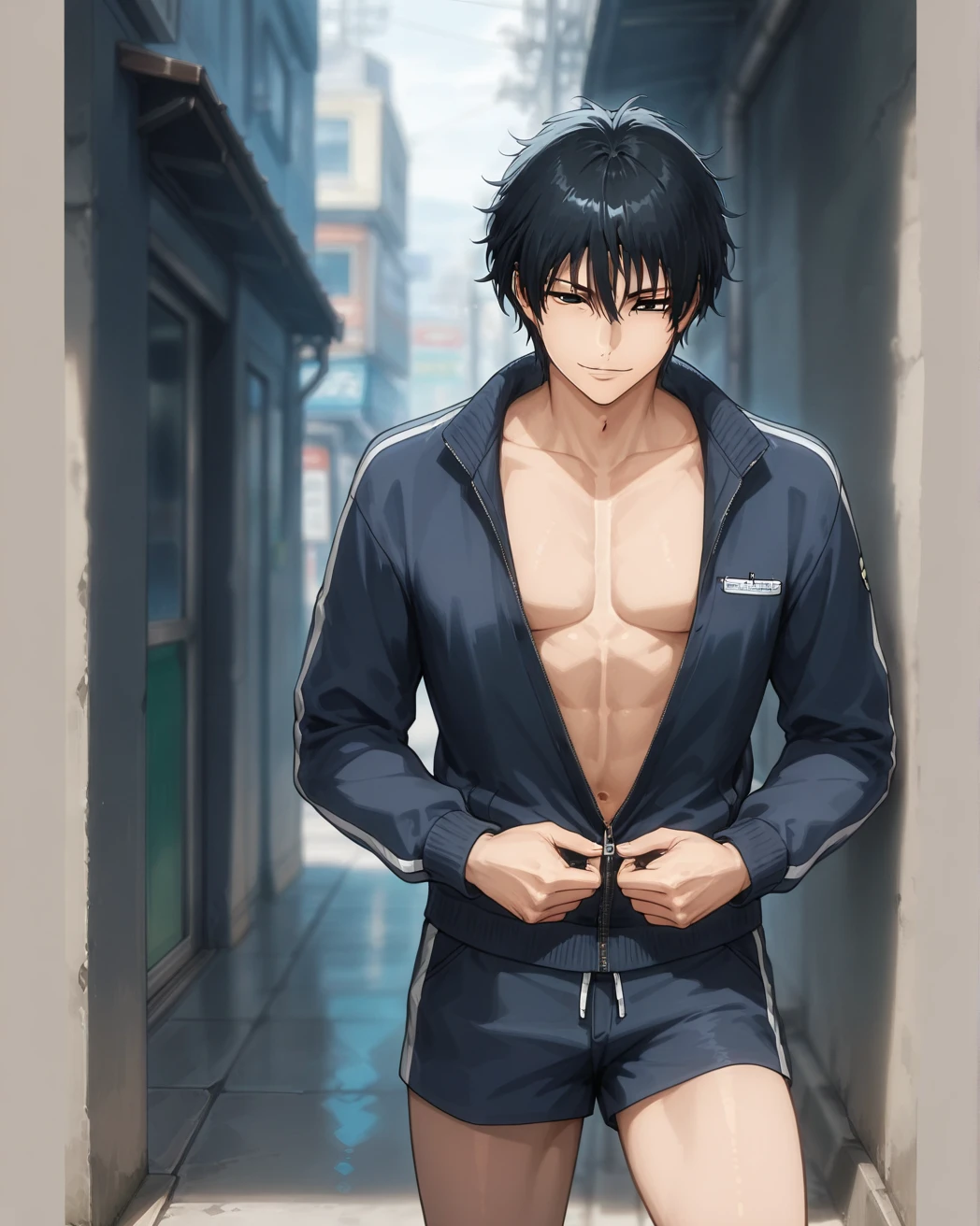 1 boy, short, 16 years old, very skinny, weak build, bright, pretty face, street style, street style, looking at the viewer, black hair, coma hair, brown eyes, very long dark brown hair, upper body, (shirtless), shorts, very detailed eyes, graphic design, masterpiece, shirtless, skinny, punctual orange, rain, wet, background Japan, soaked,  nsfw,