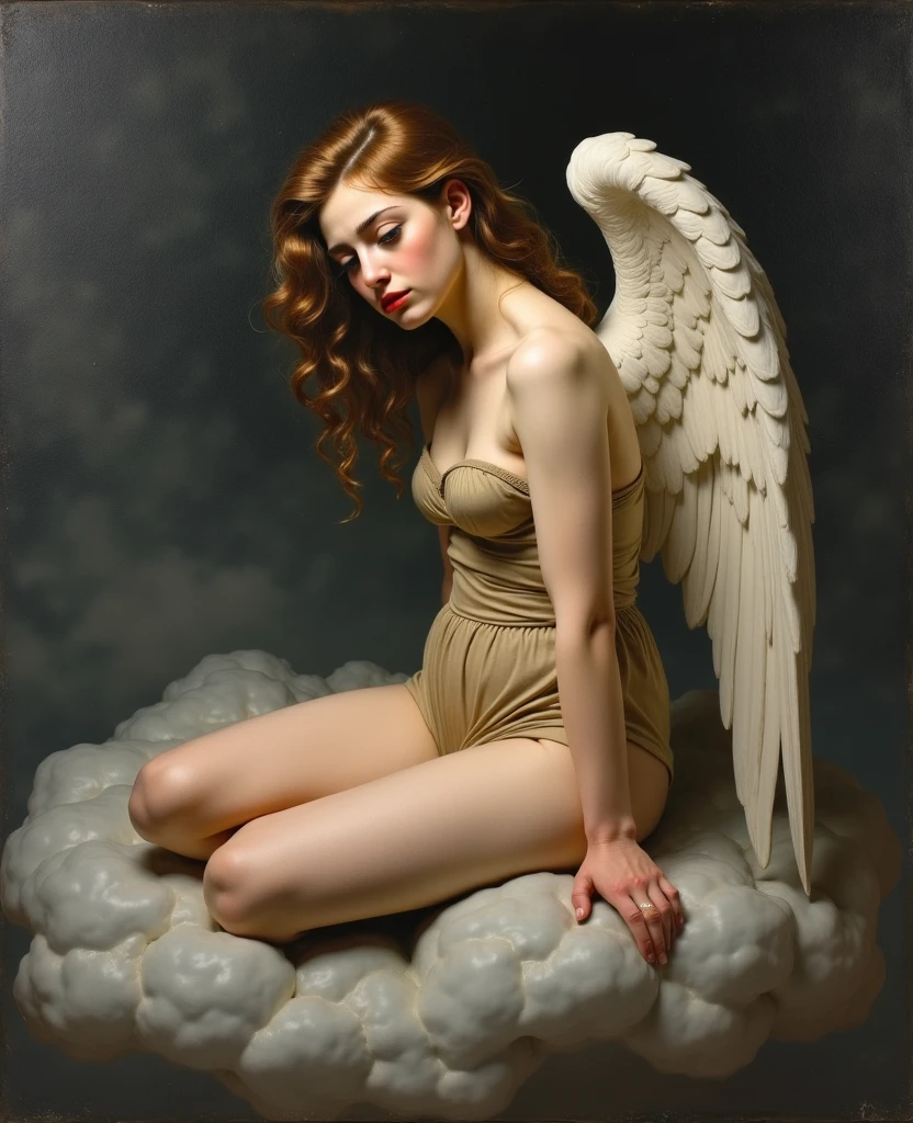 kneeling hands on thighs,a striking naked valkyrie, a fierce and beautiful warrior woman, full body depiction, cascading fiery red hair that flows like molten lava, showcasing a muscular yet graceful athletic physique, adorned with elaborate, ethereal redangelic wings that shimmer with an otherworldly glow. Set against a backdrop of a stormy sky, intricate details in delicate line art, reminiscent of Art Nouveau illustrations, infused with hints of watercolor to evoke a sense of movement and emotion in the scene. oil painting