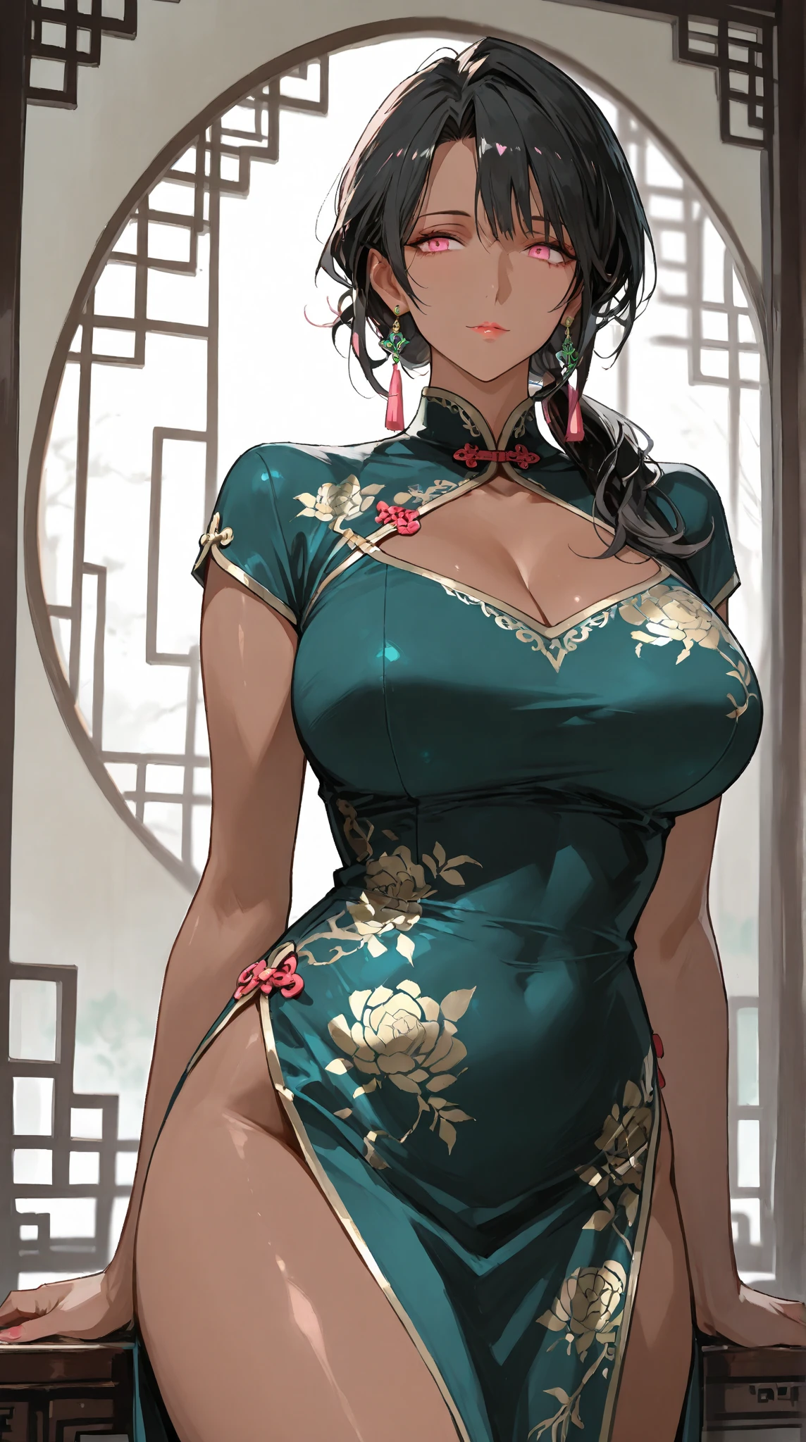 (masterpiece), best quality, expressive eyes, perfect face, front lighting, (outside japanese garden background), (standing), (happy face), (cleavage view), (1girl, milf, Isabela Merced, latina, dark skin, tan skin, tanned skin, tanned, tan, black hair, wavy hairstyle, brown eyes, hourglass figure, thin body, skinny body, petite_body, medium breasts, wide hips, thick thighs), (traditional japanese aqua kimono dress, aqua kimono dress, strapless, long sleeve, exposed cleavage, jewelry, necklace, bracelets, earrings),