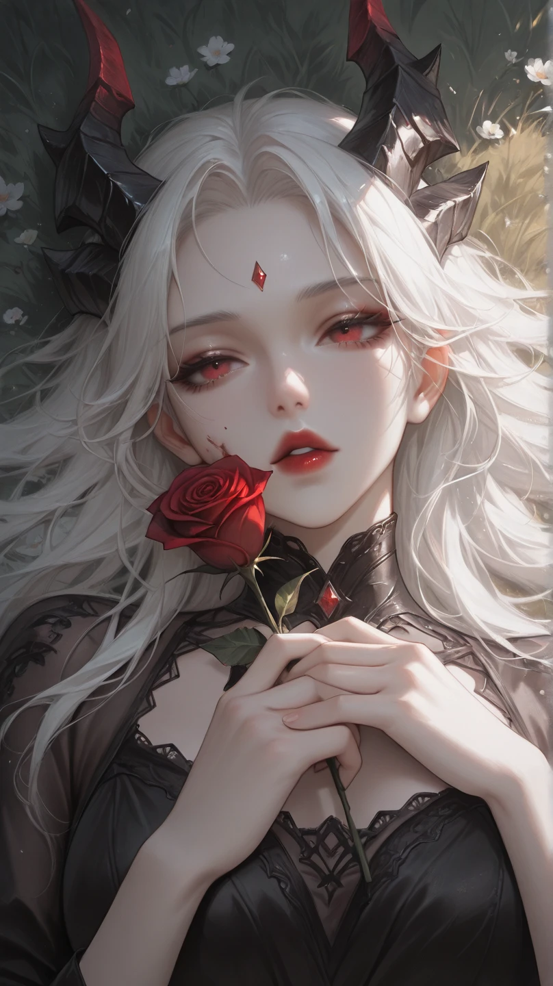Naked anime girl covered in dark roses,illustration,red-eyed beauty,breathtakingly detailed roses,vibrant colors,soft lighting,artistic rendering,masterpiece:1.2,detailed face, detailed hands, detailed eyes, flowers, colors, elf woman, blue rosess, detailed hands, hands down
