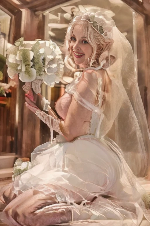 ((masterpiece)), ((best quality)), (detailed), astolfo, Beautiful, Beautifu and slim perfect body, slim body, really female, slim female body, female, flat chest, Pectorals, not breasts, very innocent smile, innocent smile, femboy, boy, bright pink hair, spiky hair, short hair, a long braid, lock of white hair on left side, perfect, solo, gorgeous femenine person, wedding dress, mini dress, dress without shoulder, wedding mini dress without shoulder, bridal veil on the head, small bulge, luscious lips, long hair, flat chest, Pectorals, not breasts, sexy,
