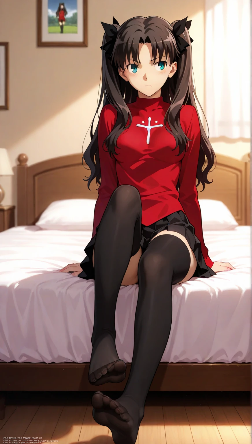 (best quality),[masterpiece],(beautiful:0.75), long hair, black hair, medium breast, slim legs,black thigh high socks,(RinTohsaka),rin tohsaka,blue eyes,black skirt, red sweater, twintails,on the bed, sexy