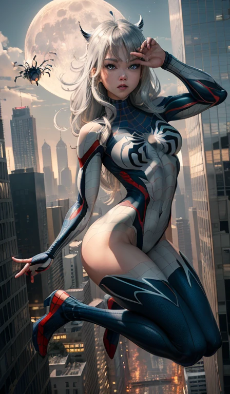 (nsfw:1.5), (Masterpiece, 4k resolution, ultra-realistic, very detailed), (White superhero theme, charismatic, there's a girl on top of town, wearing Spider-Man costume, she's a superhero), [ ((25 years), (long white hair:1.2), full body, (blue eyes:1.2), ((Spider-Man pose),show of strength, jumping from one building to another), ((sandy urban environment):0.8)| (cityscape, at night, dynamic lights), (full moon))] # Explanation: The Prompt mainly describes a 4K painting of ultra-high definition, very realistic, very detailed. It shows a superheroine at the top of the city, wearing a Spider-Man costume. The theme in the painting is a white superhero theme, the female protagonist has long white hair, is 25 years old and her entire body is shown in the painting. In terms of portraying the actions of superheroines, spiders are employed