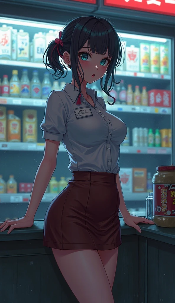 Sexy, beautiful woman, 19 years old, black hair, ponytail hairstyle, glasses, big beautiful blue eyes, small face, big cheekbones, sharp jawline, black nose stud, big lips, seductive, black clothes, shop background, beautiful figure, 4k, high definition, lots of detail, white, pale, eye contact, realistic, in grocery store