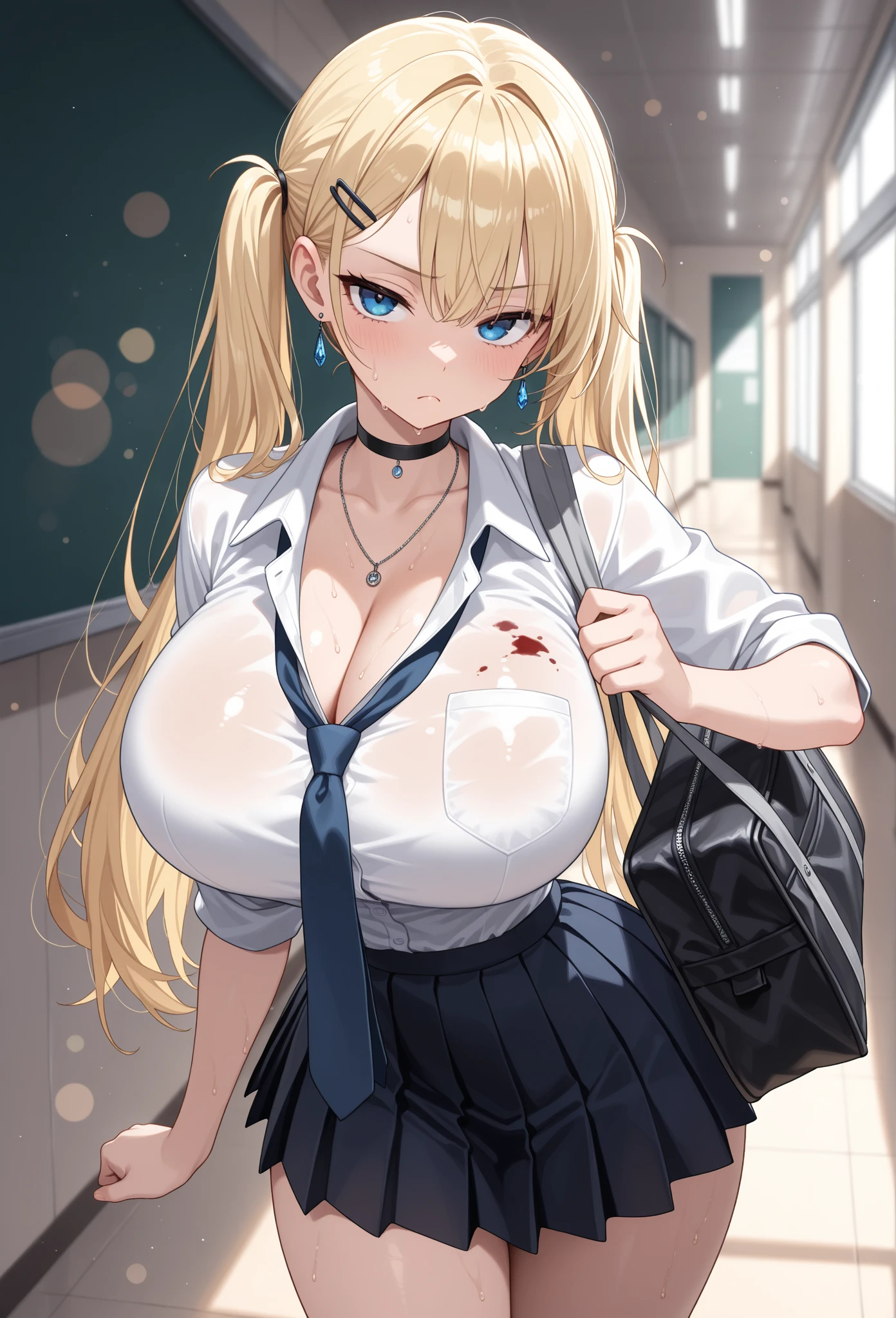 1girl, masterpiece, best quality, slender girl with hourglass body and huge breasts, solo, pretty, cute, shy girl, ((girl wears school uniform, short pleated skirt, white blouse, Korean school uniform)), sexy, girl shows enticing breasts, ((platinum blond hair, long hair)), pink colored eyes, pink orbs, detailed eyes, beautiful eyes, delicate eyes, ((hourglass body, sexy body)), correct anatomy, correct limbs, ((huge breasts:1.6)), juicy lips, pouty lips, [detailed background (korean school, korean high school, Seoul, south korea)]BREAK((pantyhose)),((side shot))