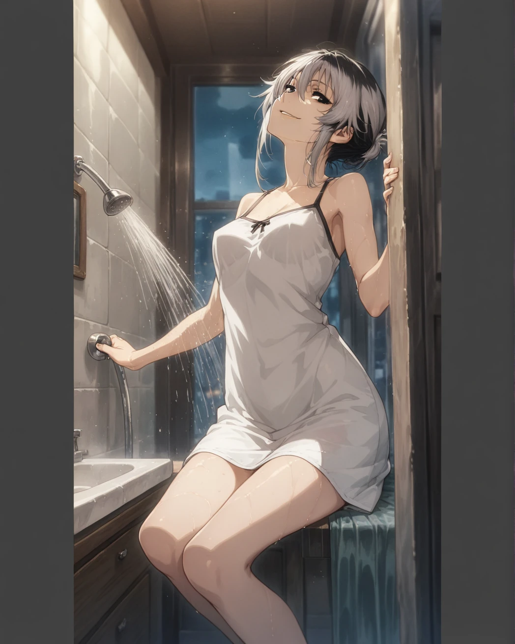 in 8K、top-quality、​masterpiece、ultra-detailliert、Ultra-high resolution、Anime style、浴室、((1 persons))、girl with、being hit in the shower、posterior view、White bathrobe、turned around、bare shoulders​、wetting hair、wetted skin、water dripping、pov from down、Red face、suprised, (steam,Sweat),