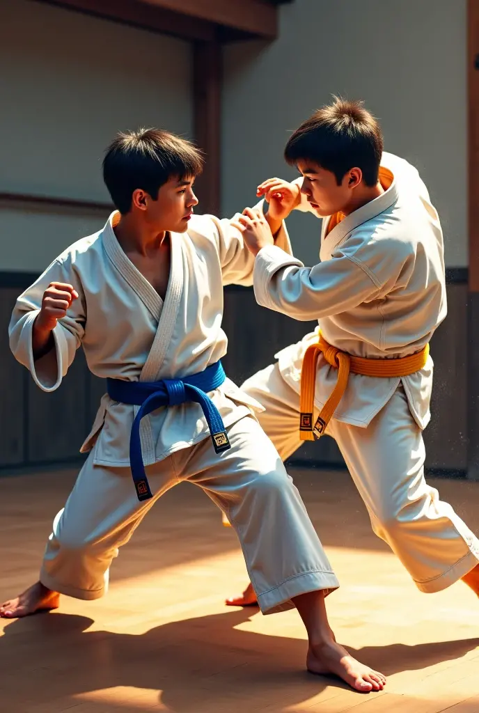 they are two children in a studio with a gray background, karate, martial arts, karate pose, hand to hand combat, fighting posture, in a fighting pose, dynamic action shot, doing martial arts, fighting stance, martial art pose, karate kick, karate outfit, sparring, dramatic action shot, fighting pose, fight pose, in an action pose, aikido
