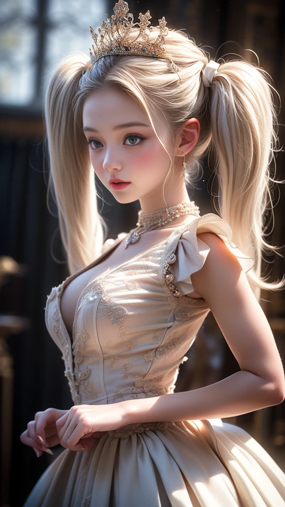 (tmasterpiece:1.2), (best qualtiy:1.2), perfect eyes, s the perfect face, Volumetriclighting, 1girll, Now sexy and mature, , gossamer dress,Clothes open, blond hairbl, pauldrons, Top employees, stern expression, fanciful, exteriors, detailed back ground, putting makeup on, lipsticks, eye shadows, mascara, thick eyeslashes,full bodyesbian,embarressed,