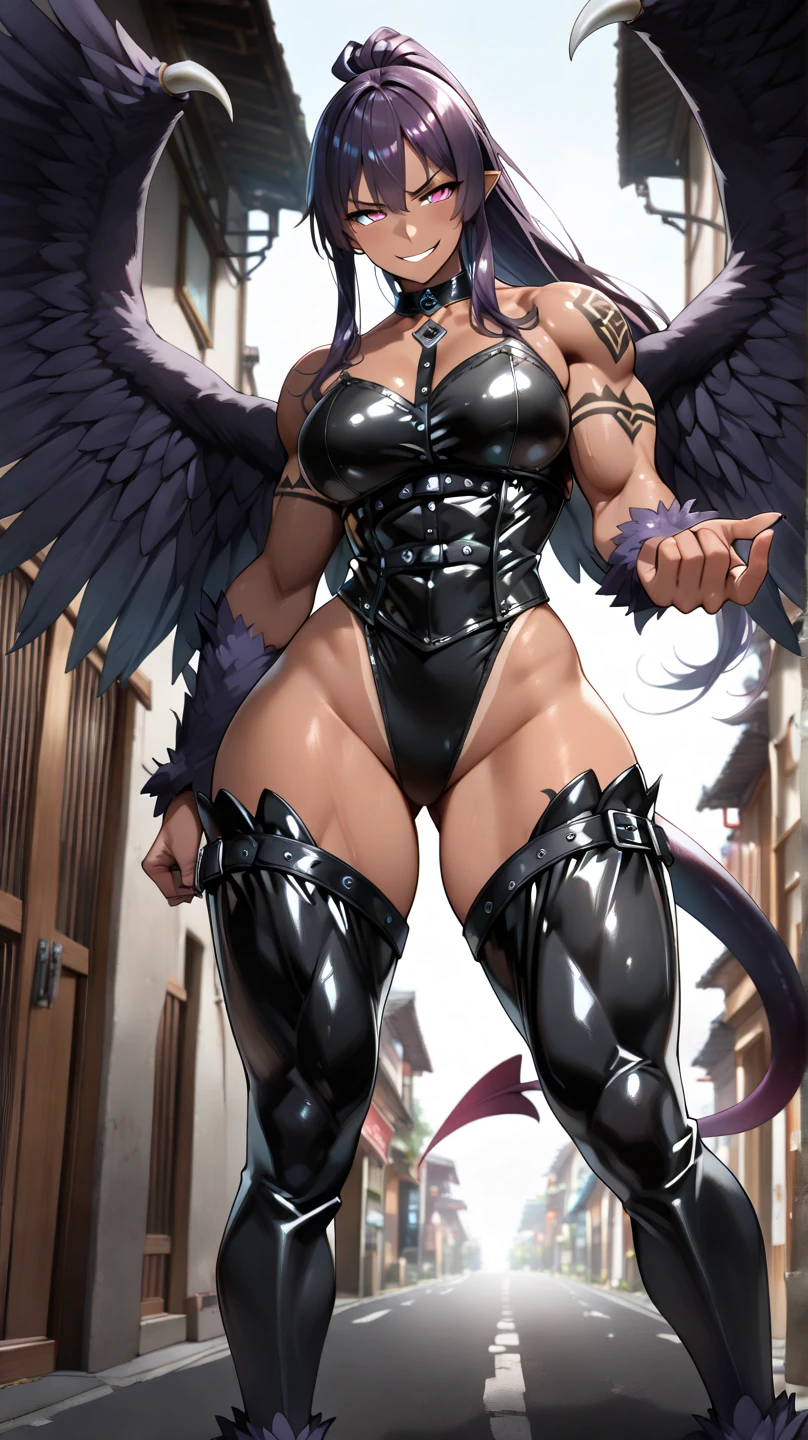 (muscular and brutal girl, Decorated with intricate detaileds, and baring sharp teeth) + dynamic pose + Intricate detaileds + laugh happily, with her dragon as a pet,(black_skin:1.7),(Complex_detailed:1),(Complex_background:1.1),滝のbackground,short hair, (full body tattoo:1.5),(big breasts:1.9)