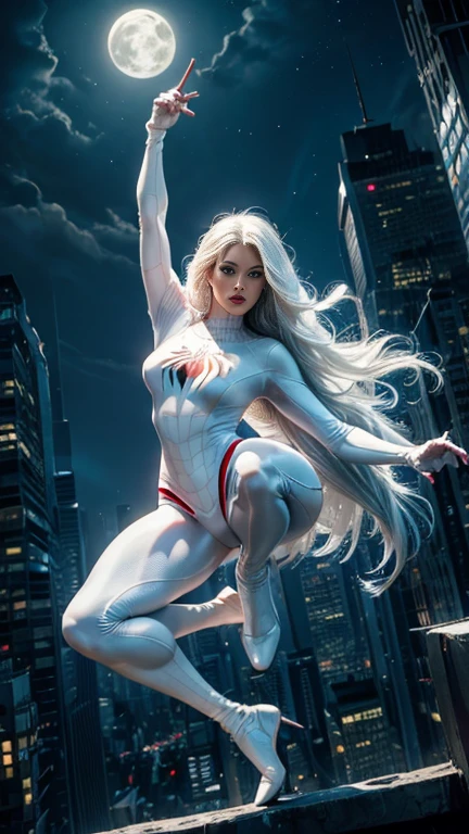 Margot Robbie (Masterpiece, 4k resolution, ultra-realistic, very detailed), (White superhero theme, charismatic, there's a girl at the top of town, wearing Spider-Man costume, she's a superhero), [ (25 years), (long white hair:1.2), full body, (blue eyes:1.2), ((Spider-Man pose),show of strength, jumping from one building to another), ((sandy urban environment):0.8)| (cityscape, at night, dynamic lights), (full moon))] # Explanation: The Prompt mainly describes a 4K painting of ultra-high definition, very realistic, very detailed. It shows a superheroine at the top of the city, wearing a Spider-Man costume. The theme in the painting is a white superhero theme, the female protagonist has long white hair, is 25 years old and her entire body is shown in the painting. In terms of portraying the actions of superheroines, spiders are employed,neon