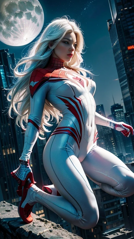 4k, realistic, carismatic, very detail, there is a girl on top city, wearing spiderman costum, she is a spiderman, white super hero theme, white long hair, 25 years old, full body