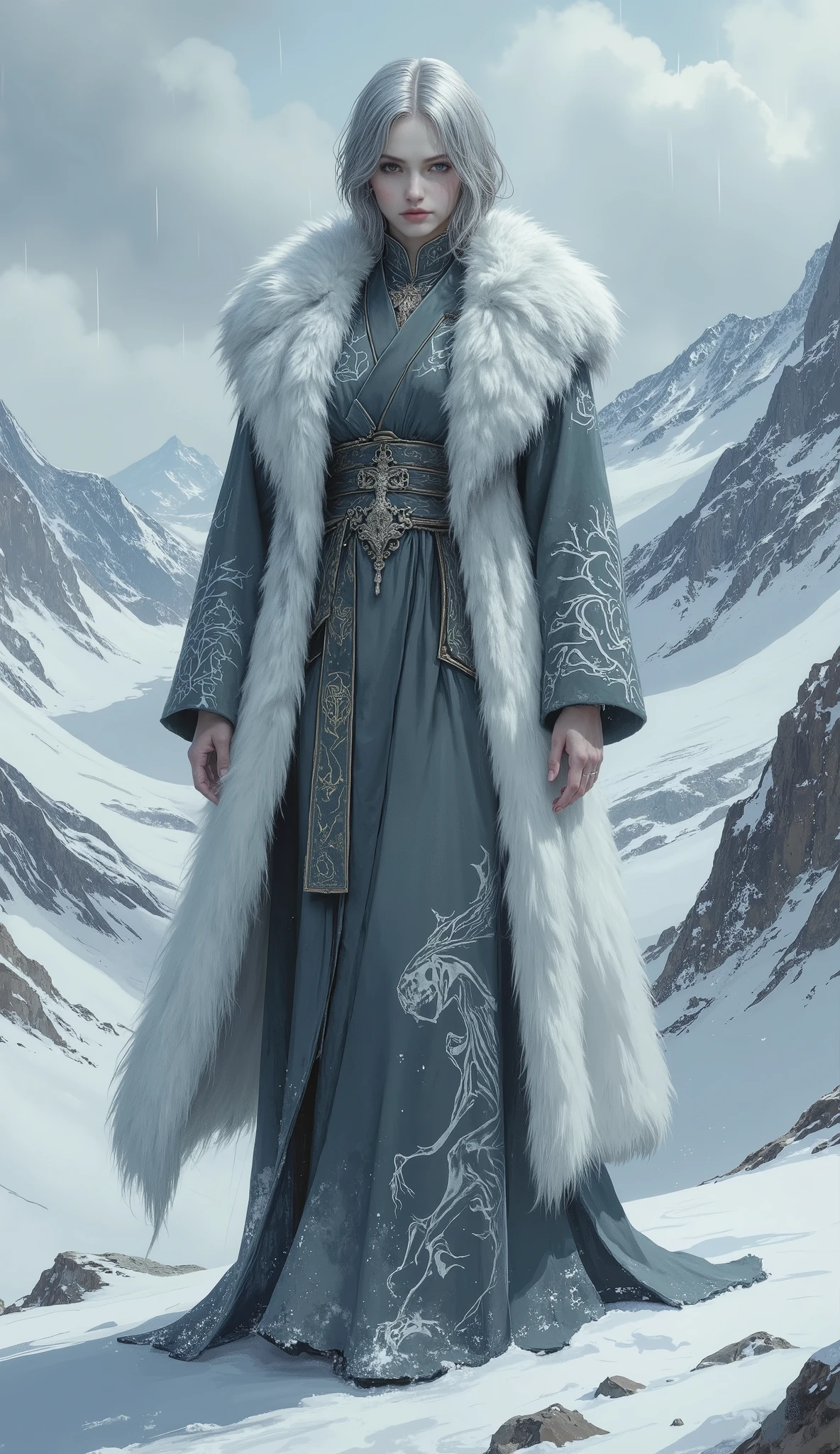 (masterpiece, best quality, ultra-detailed, professional illustration), a full body shot of an elegant female Ascetics with a solemn and sacred temperament, standing in a vast, snowy mountain landscape during a heavy snowfall. She has exquisite facial features, a calm and peaceful expression, short silver-gray hair with thick, long side-swept bangs covering the right half of her face. She is wearing a fantasy-style, floor-length, gray-blue robe, layered with a thick, luxurious white fur coat. The long sleeves are intricately embroidered with patterns of animal skeletons. (fantasy character art, concept art, cinematic lighting, epic composition, beautiful and detailed, perfect anatomy, five fingers).